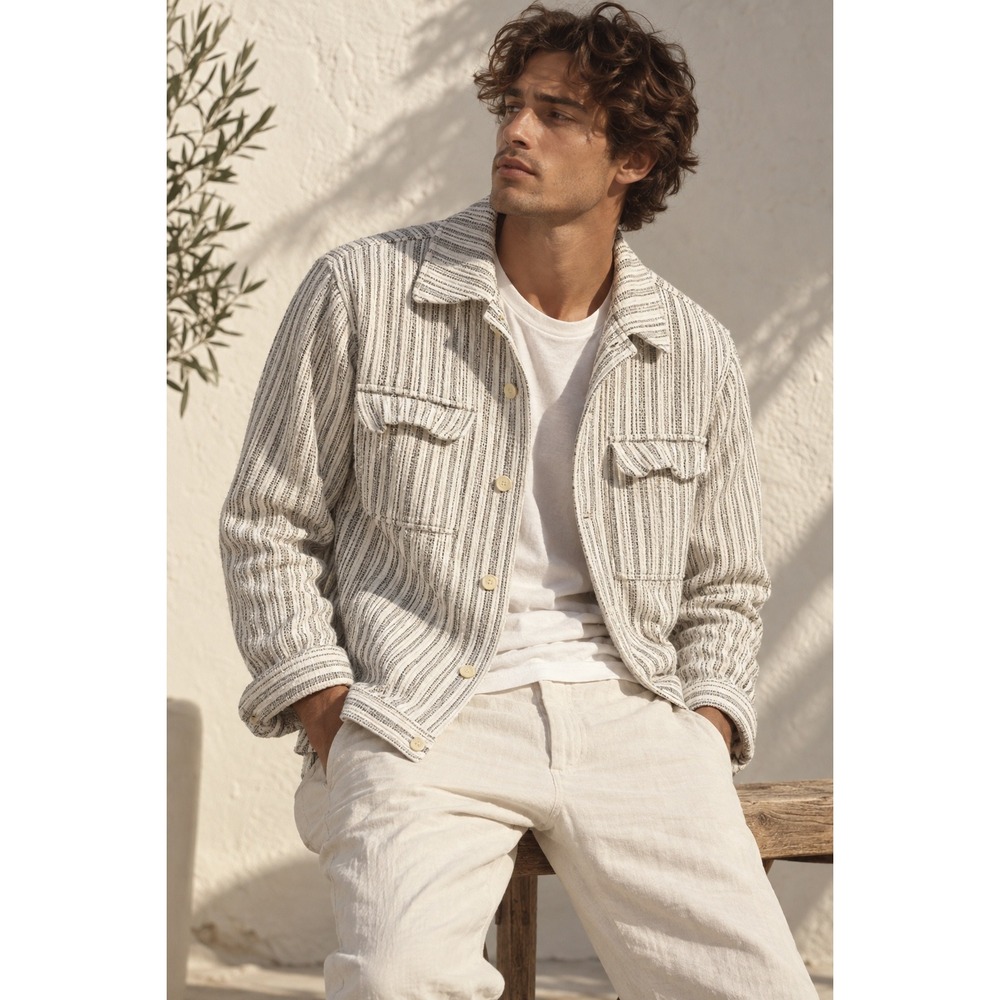 Zara Mens Textured Striped Overshirt Jacket Cream Grey Small S Button Front